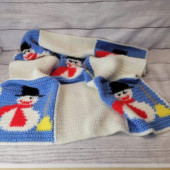Handmade Snowman Crochet Patchwork Lap Small Blanket - Picture 4 of 7